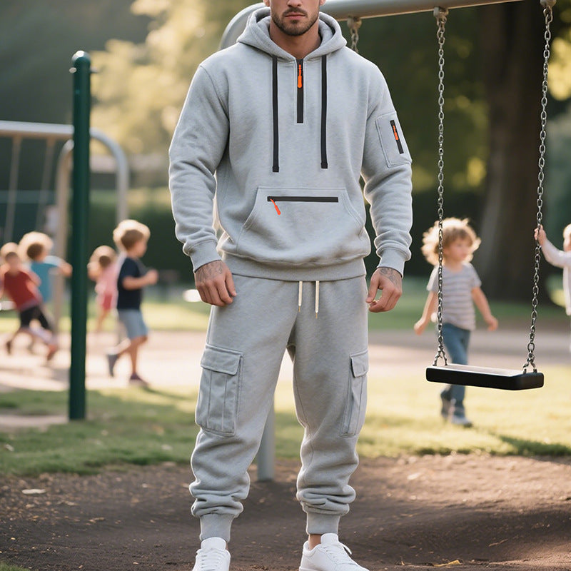 Men’s Loose Fit Fleece-Lined Sports Hoodie & Zipper Pullover Set – Multi-Pocket Casual Two-Piece