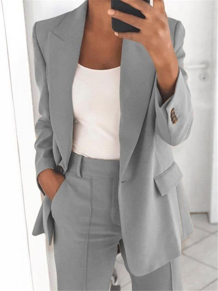Women's Casual Suit – Long-Sleeved Lapel Blazer with Buttons and Slim-Fit Pocket Trousers