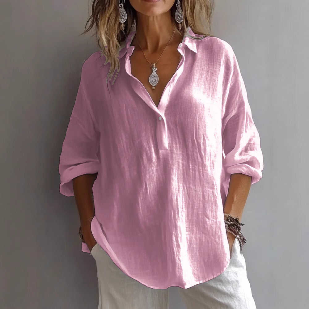 Fashion Long-Sleeved Lapel Pullover Shirt – Casual Loose Solid Color T-Shirt for Women