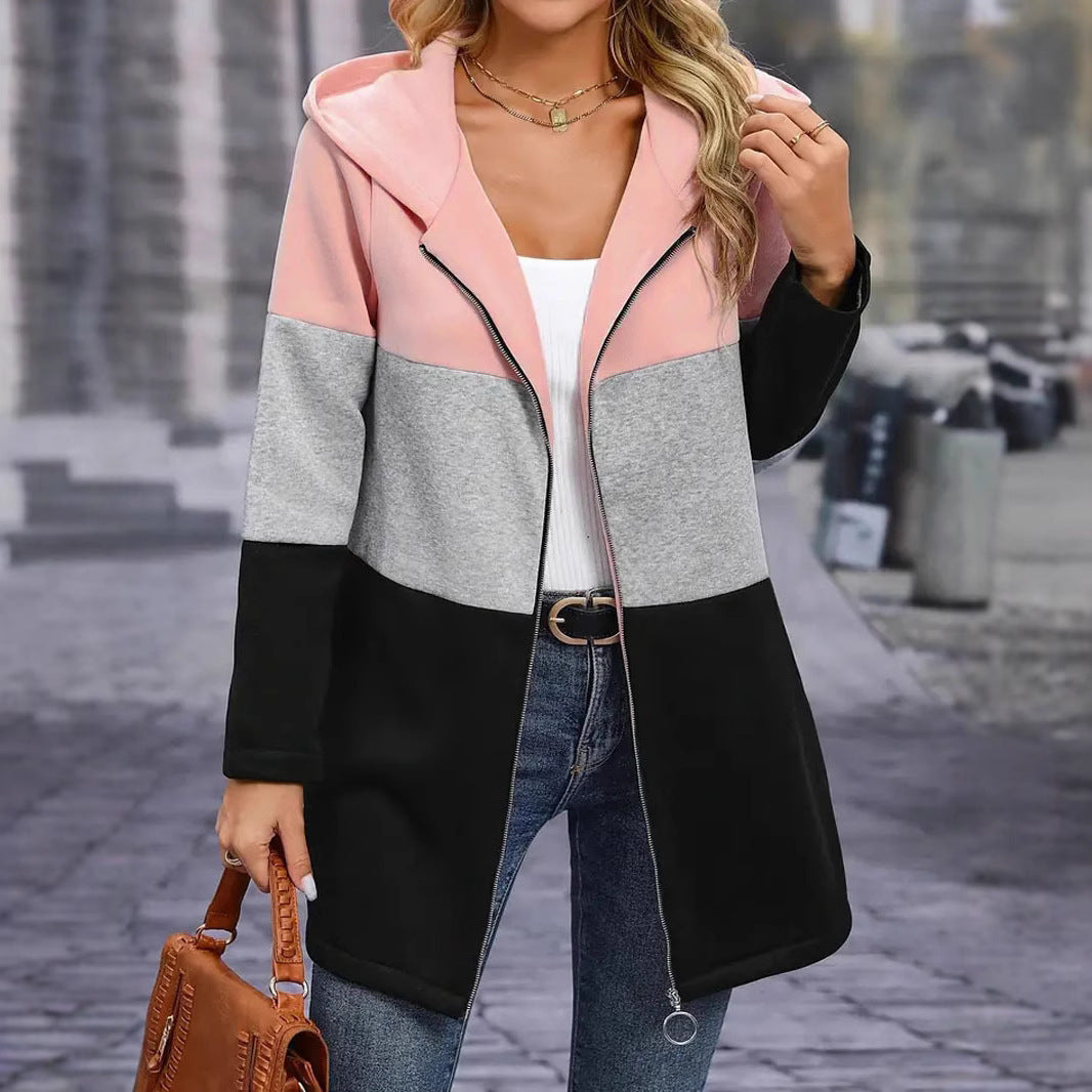 Casual and Fashionable Loose Contrast Three-Color Stitching Hooded Jacket for Women