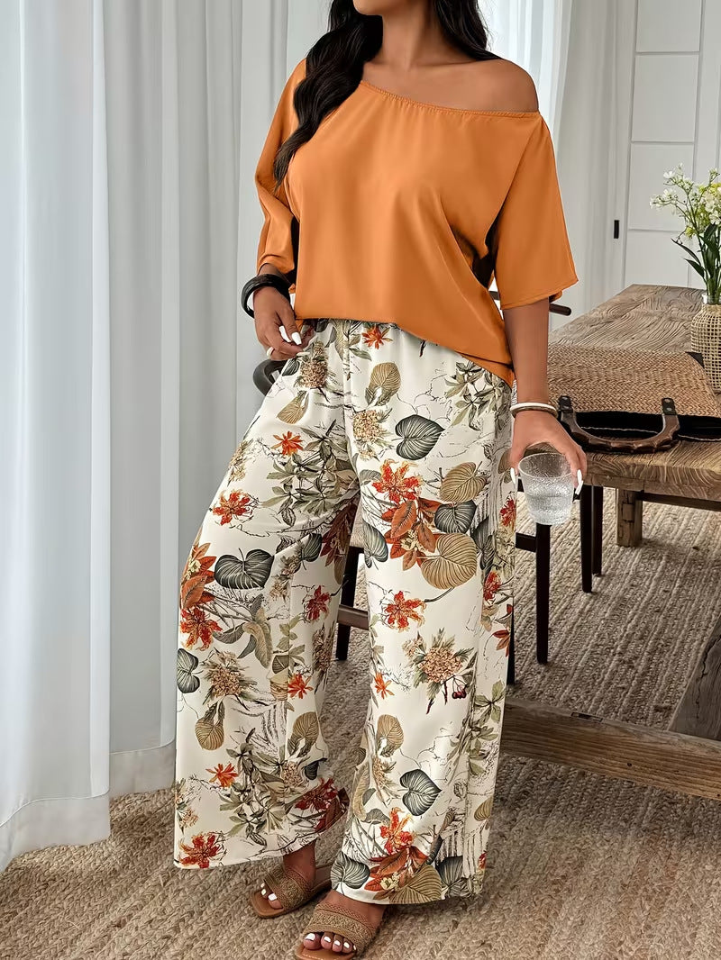 Flattering Loose-Fit Vacation Two-Piece Set with Wide-Leg Pants