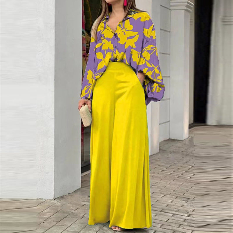 Women's Fashion Printed Shirt & Wide-Leg Pants Set – Casual Two-Piece Outfit