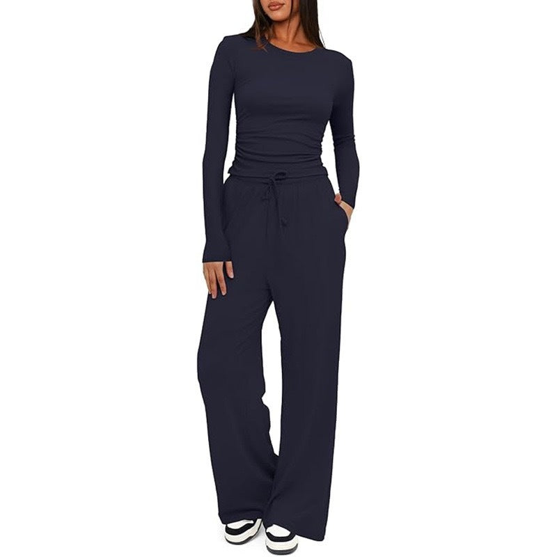 2-Piece Women's Autumn/Winter Suit – Long Sleeve Top & High-Waisted Wide-Leg Pants, Solid Color Casual Sportswear