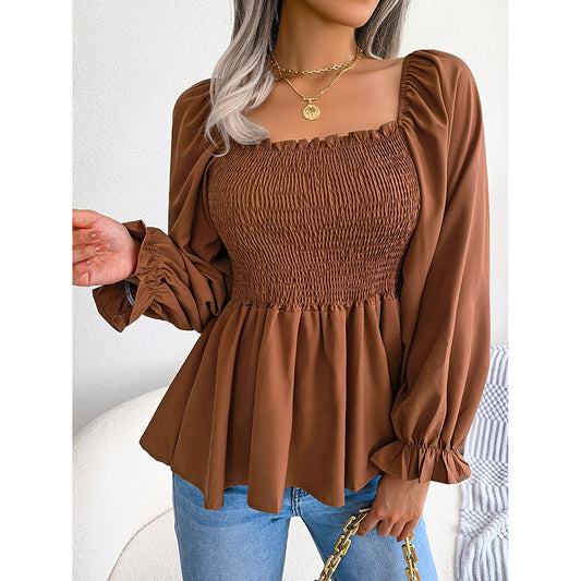 Women's Square Neck Smocked Peplum Blouse – Ruffle Trim, Long Sleeve