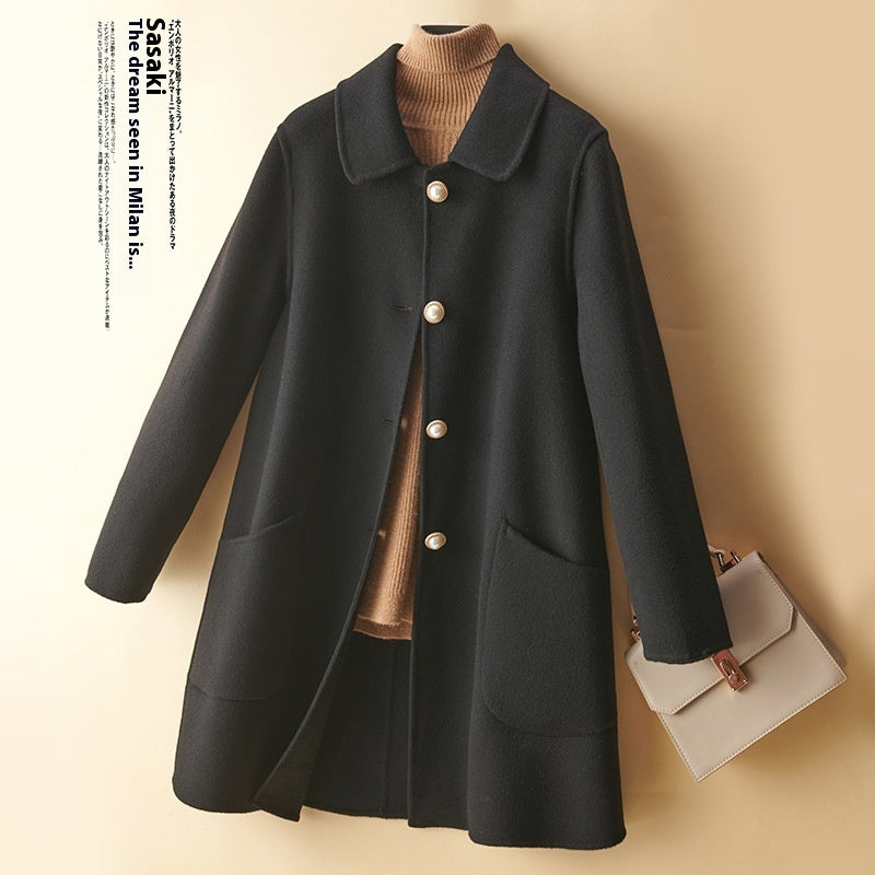 Wool Pearl Buckle Double-Faced Woolen Coat with Doll Collar – Women’s Mid-Length Outerwear