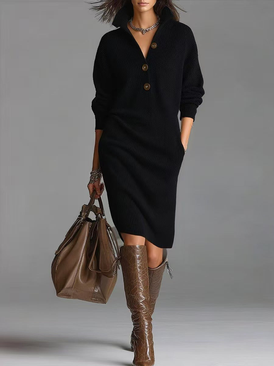 Women’s Warm V-Neck Button Sweater Dress