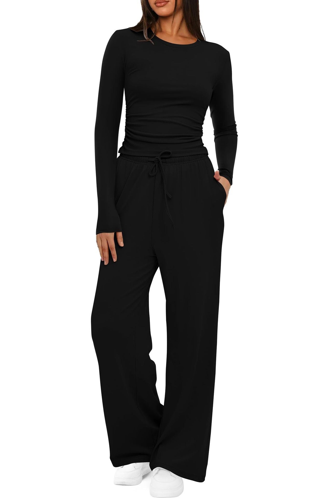2-Piece Women's Autumn/Winter Suit – Long Sleeve Top & High-Waisted Wide-Leg Pants, Solid Color Casual Sportswear