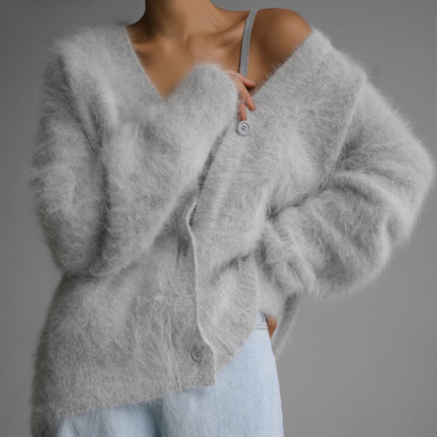 Loose V-Neck Single-Breasted Button Cardigan – Fall Winter Knitted Sweater Top for Women