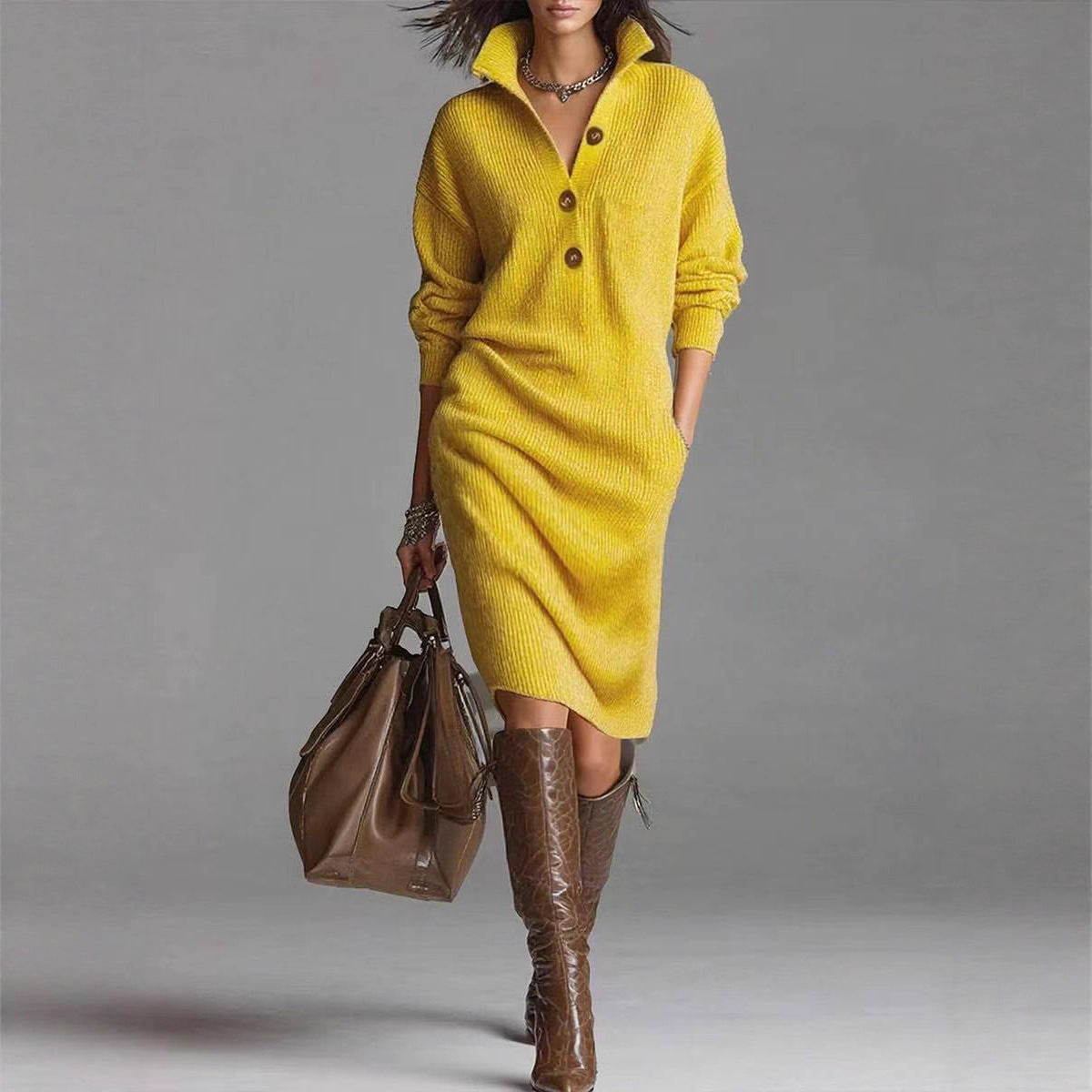 Women’s Warm V-Neck Button Sweater Dress