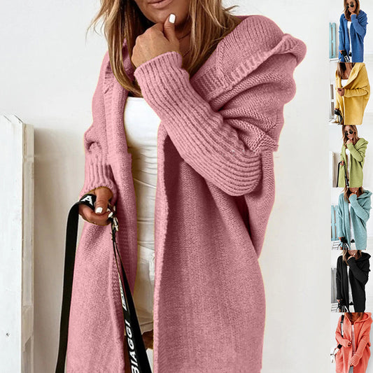 Sheep Wool Knitted Hooded Cardigan – Batwing Sleeve, Spliced Design for OL & Casual Wear