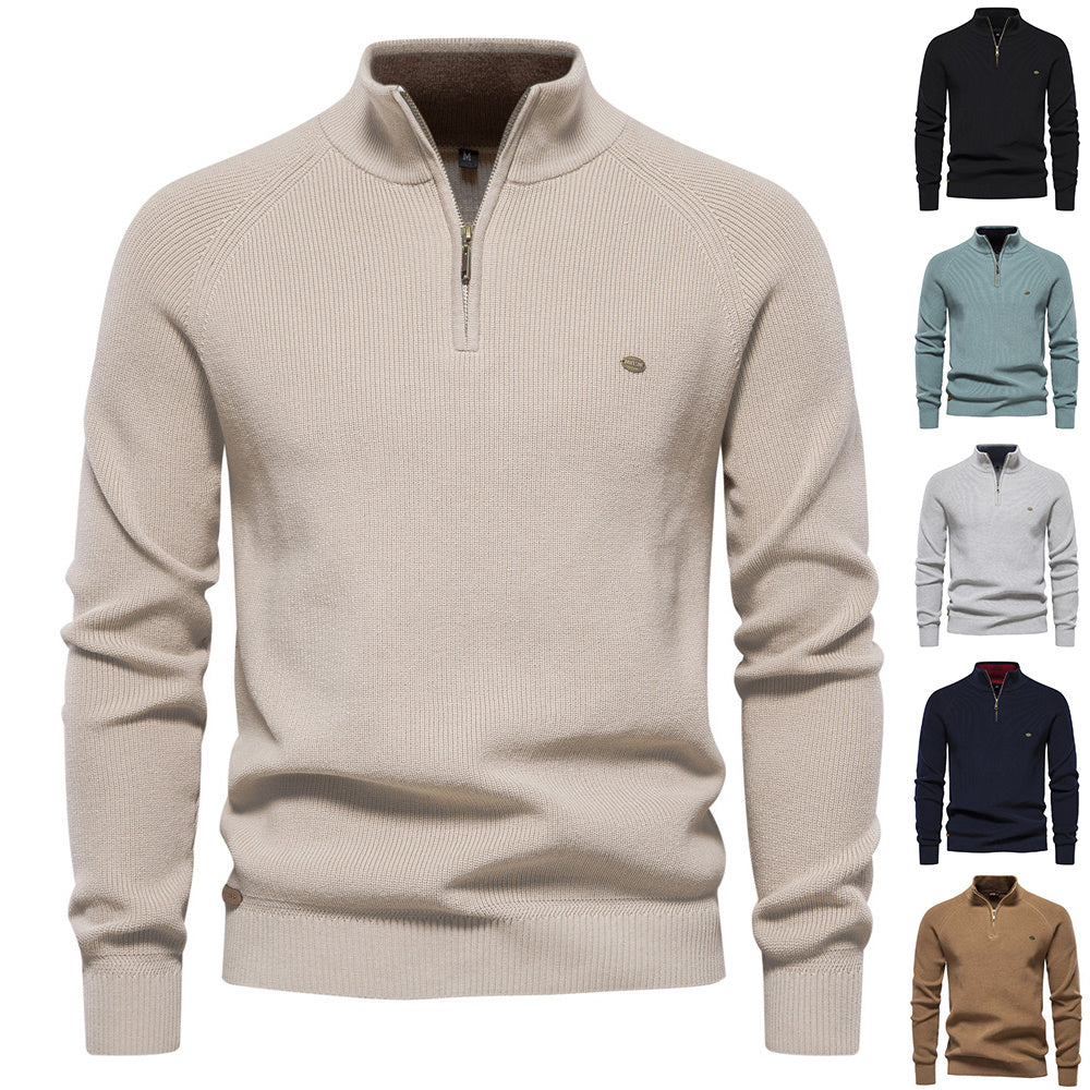 Men’s Zipper Stand Collar Knitted Sweater – Slim Fit, Solid Color, Long Sleeve Half-Turtleneck Top