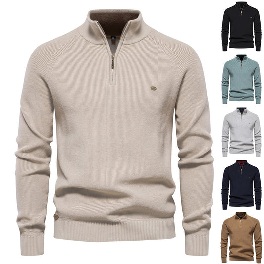 Men’s Zipper Stand Collar Knitted Sweater – Slim Fit, Solid Color, Long Sleeve Half-Turtleneck Top