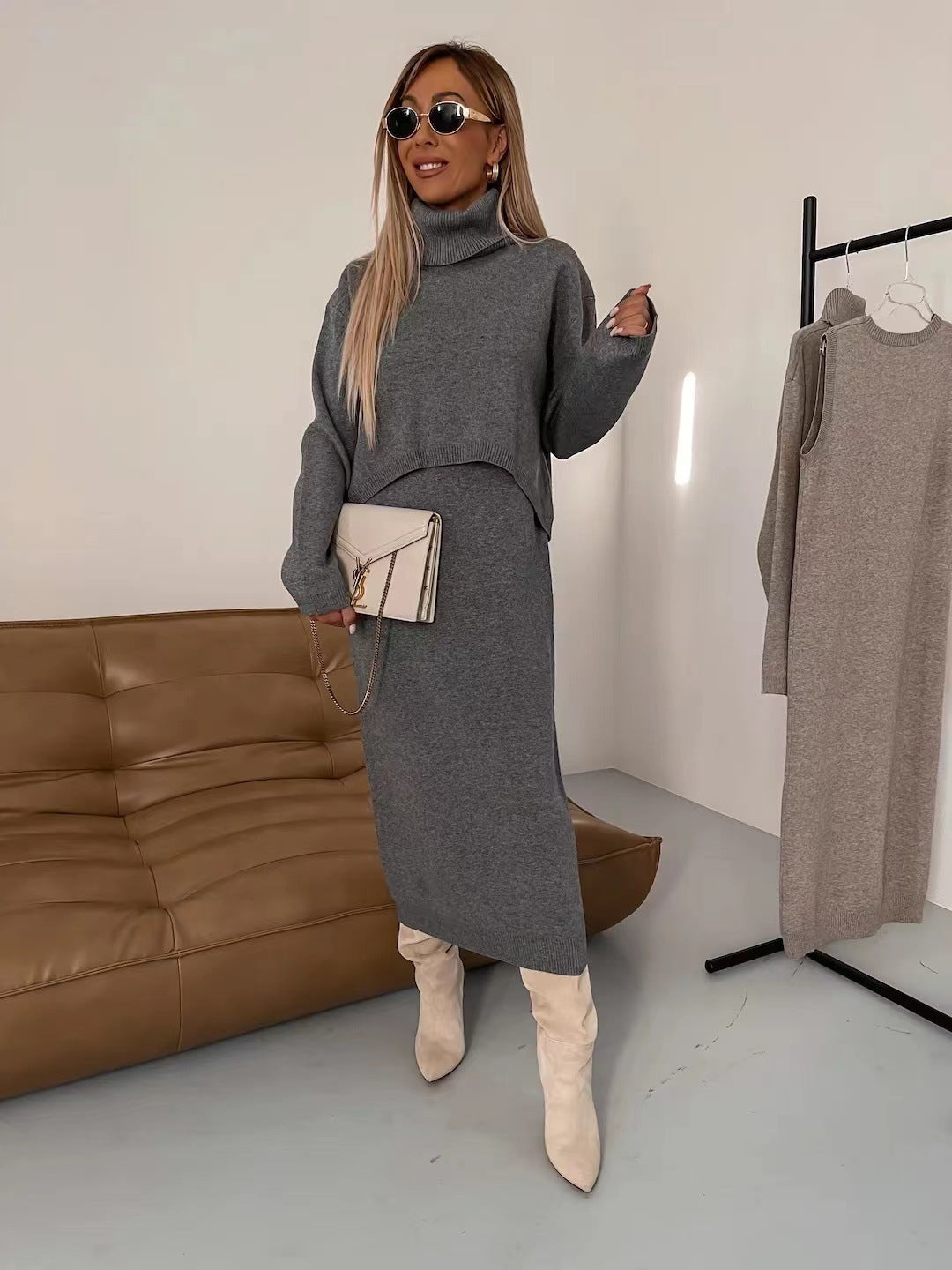 2-Piece Women’s Winter Sweater Set – Turtleneck Pullover & Sleeveless Long Dress