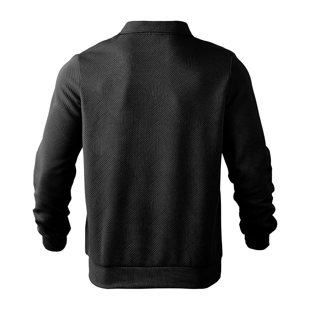 Men’s Lapel Jacquard Half-Zipper Sweatshirt – Solid Color, Long Sleeve Fashion Top