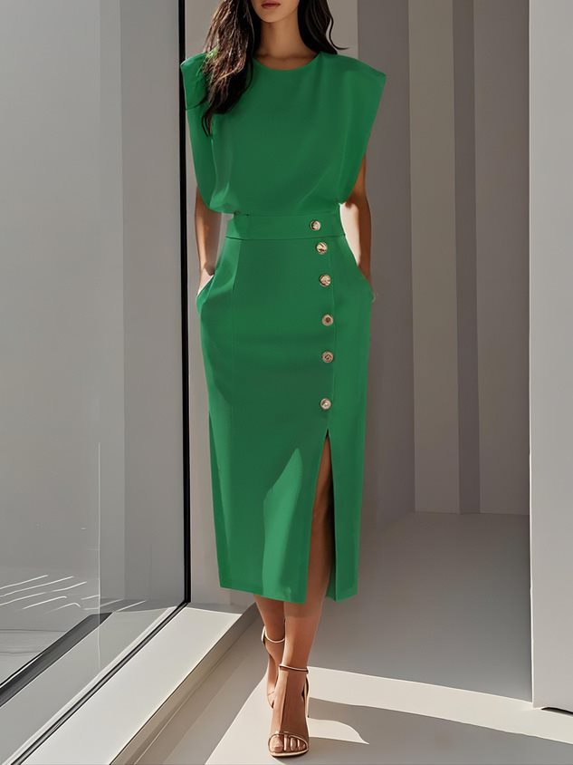 Women’s Sleeveless Button-Front Midi Dress – Casual Summer Split Dress