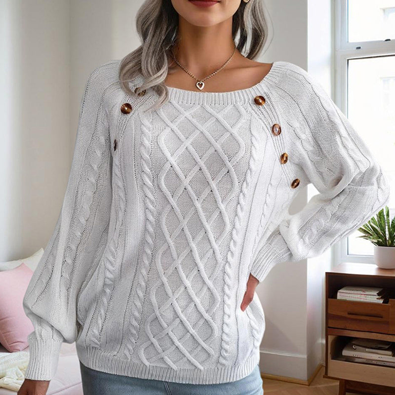 Cozy Ribbed Knit Sweater with Square Neck & Button Details – Women’s Fall/Winter Top