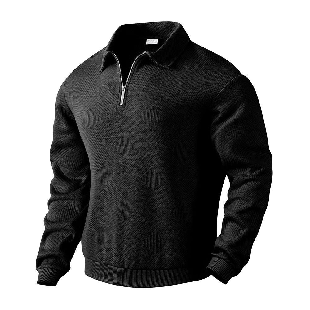 Men’s Lapel Jacquard Half-Zipper Sweatshirt – Solid Color, Long Sleeve Fashion Top