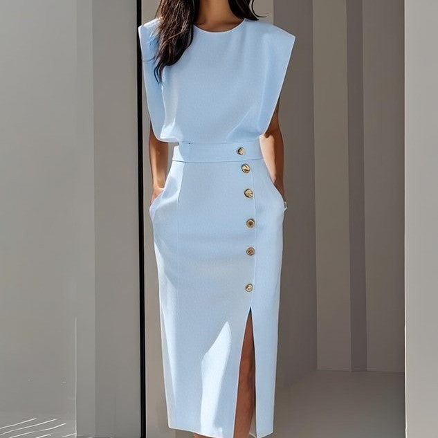 Women’s Sleeveless Button-Front Midi Dress – Casual Summer Split Dress