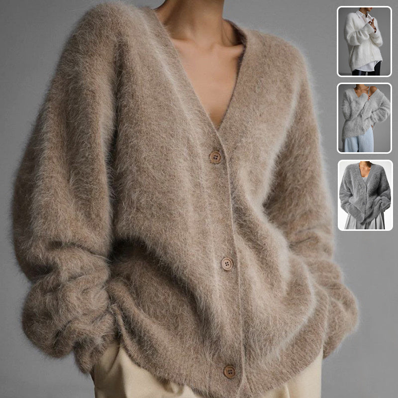 Loose V-Neck Single-Breasted Button Cardigan – Fall Winter Knitted Sweater Top for Women