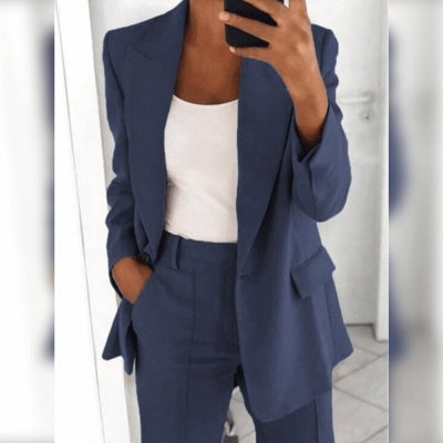 Women's Casual Suit – Long-Sleeved Lapel Blazer with Buttons and Slim-Fit Pocket Trousers