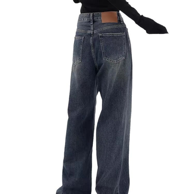 Retro Dark Blue Baggy Wide-Leg Jeans – High Waist Straight Fit