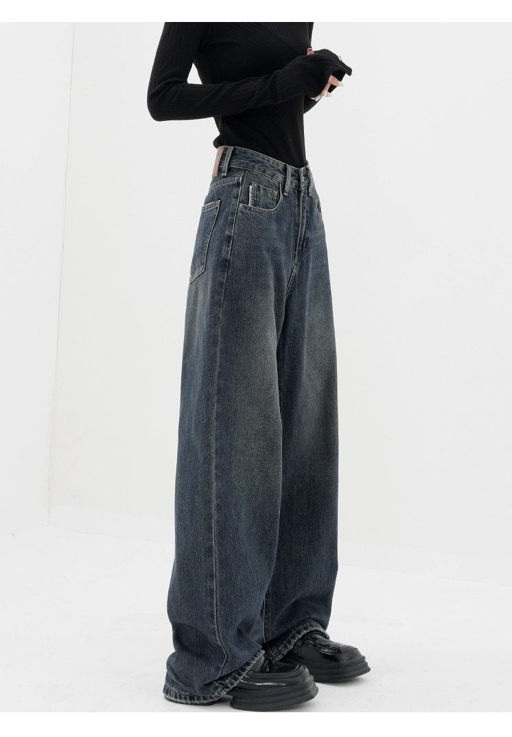 Retro Dark Blue Baggy Wide-Leg Jeans – High Waist Straight Fit
