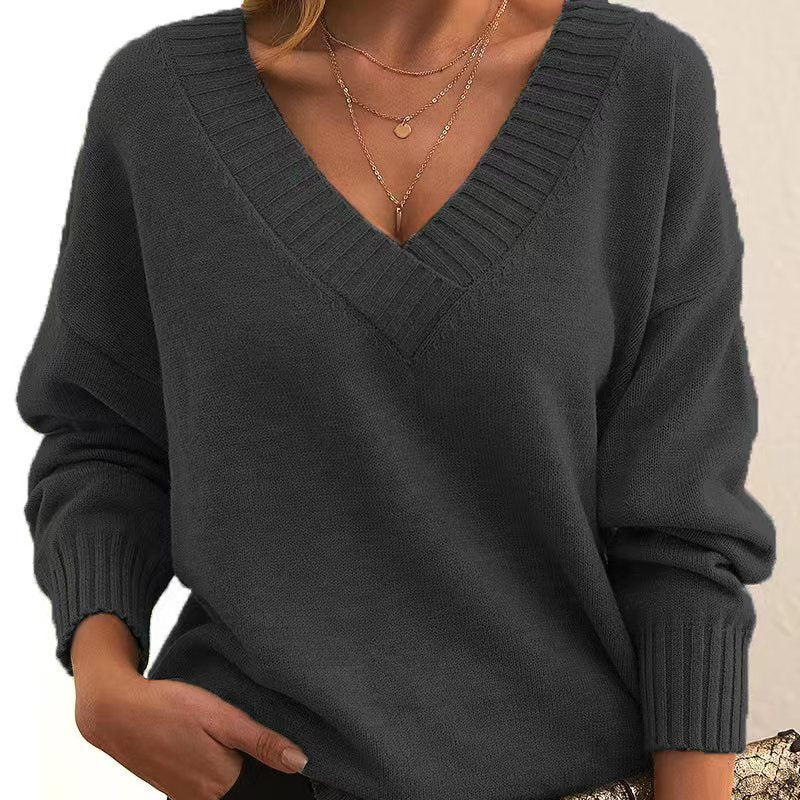 Solid V-neck Loose Knit Sweater – Fashionable Long Sleeve Autumn & Winter Top