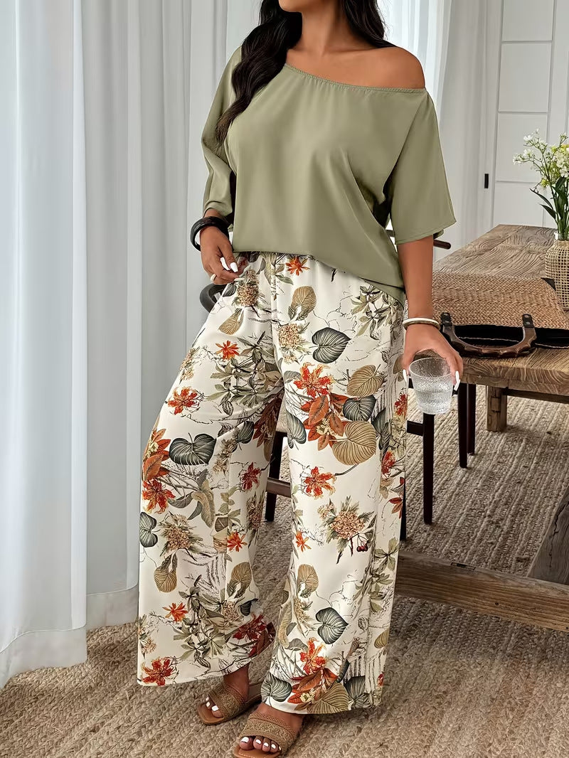 Flattering Loose-Fit Vacation Two-Piece Set with Wide-Leg Pants