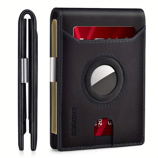 Men’s Minimalist Leather Wallet with AirTag Holder – Slim RFID Blocking Bifold Holds Up to 11 Cards (AirTag Not Included)