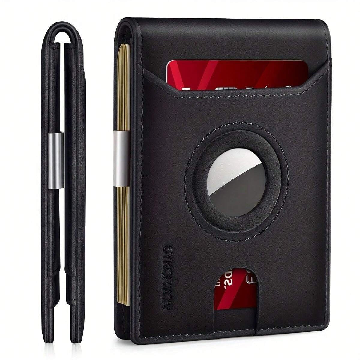 Men’s Minimalist Leather Wallet with AirTag Holder – Slim RFID Blocking Bifold Holds Up to 11 Cards (AirTag Not Included)