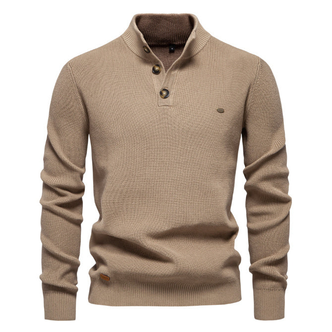 Men’s Zipper Stand Collar Knitted Sweater – Slim Fit, Solid Color, Long Sleeve Half-Turtleneck Top