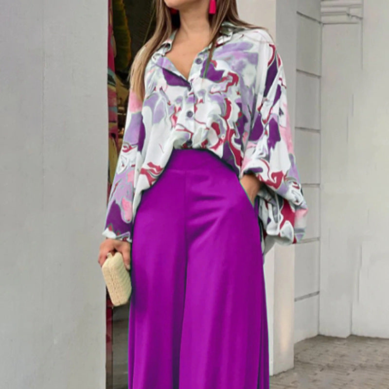 Women's Fashion Printed Shirt & Wide-Leg Pants Set – Casual Two-Piece Outfit