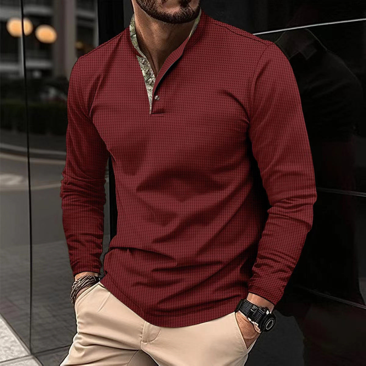 Men’s Double-Layer Lapel Polo Shirt – Waffle Texture, Long-Sleeve Fashion Top