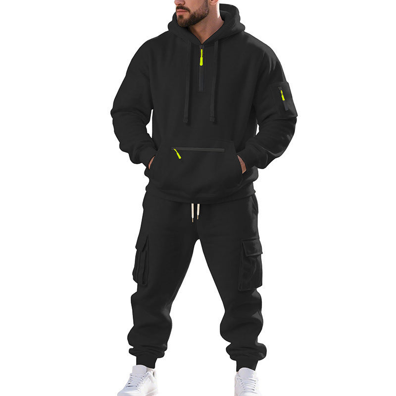 Men’s Loose Fit Fleece-Lined Sports Hoodie & Zipper Pullover Set – Multi-Pocket Casual Two-Piece