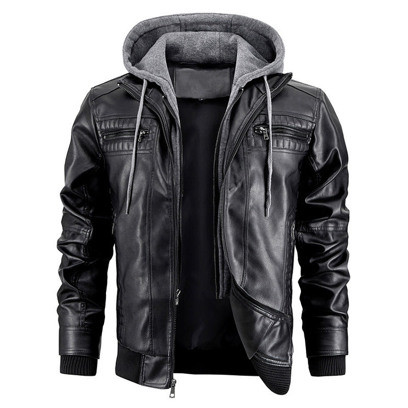 Men’s Hooded PU Leather Jacket with Zipper Pockets – Fashionable & Warm Coat