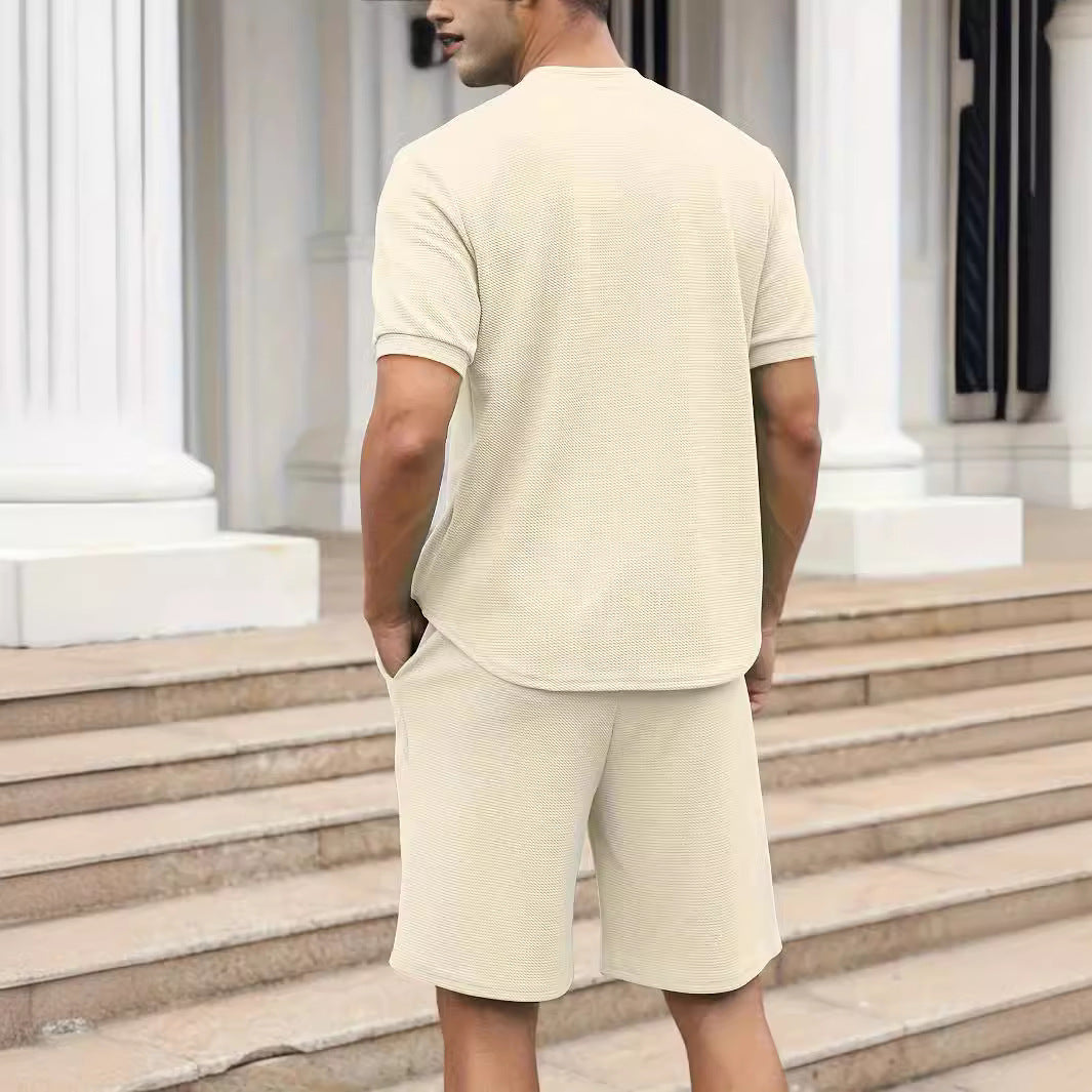 Waffle Stand Collar Zipper Short Sleeve Suit