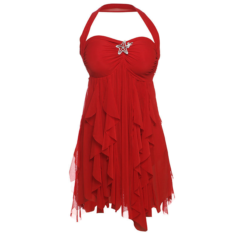 Halter Neck Backless Printed Mesh Mini Dress – Summer Club & Evening Style