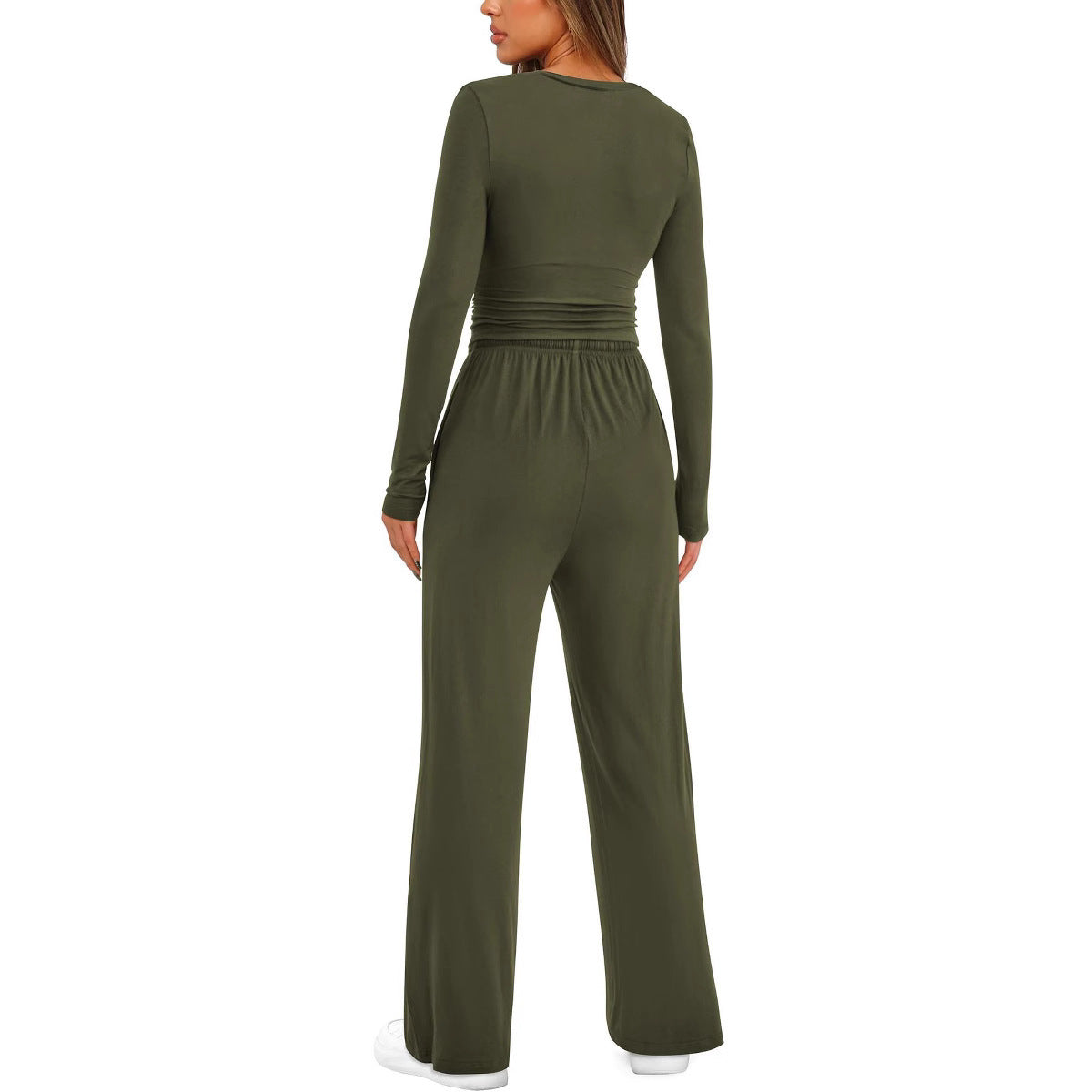 2-Piece Women's Autumn/Winter Suit – Long Sleeve Top & High-Waisted Wide-Leg Pants, Solid Color Casual Sportswear