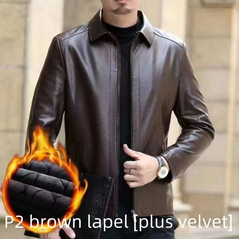 Men's Fleece-Lined Leather Jacket with Stand Collar
