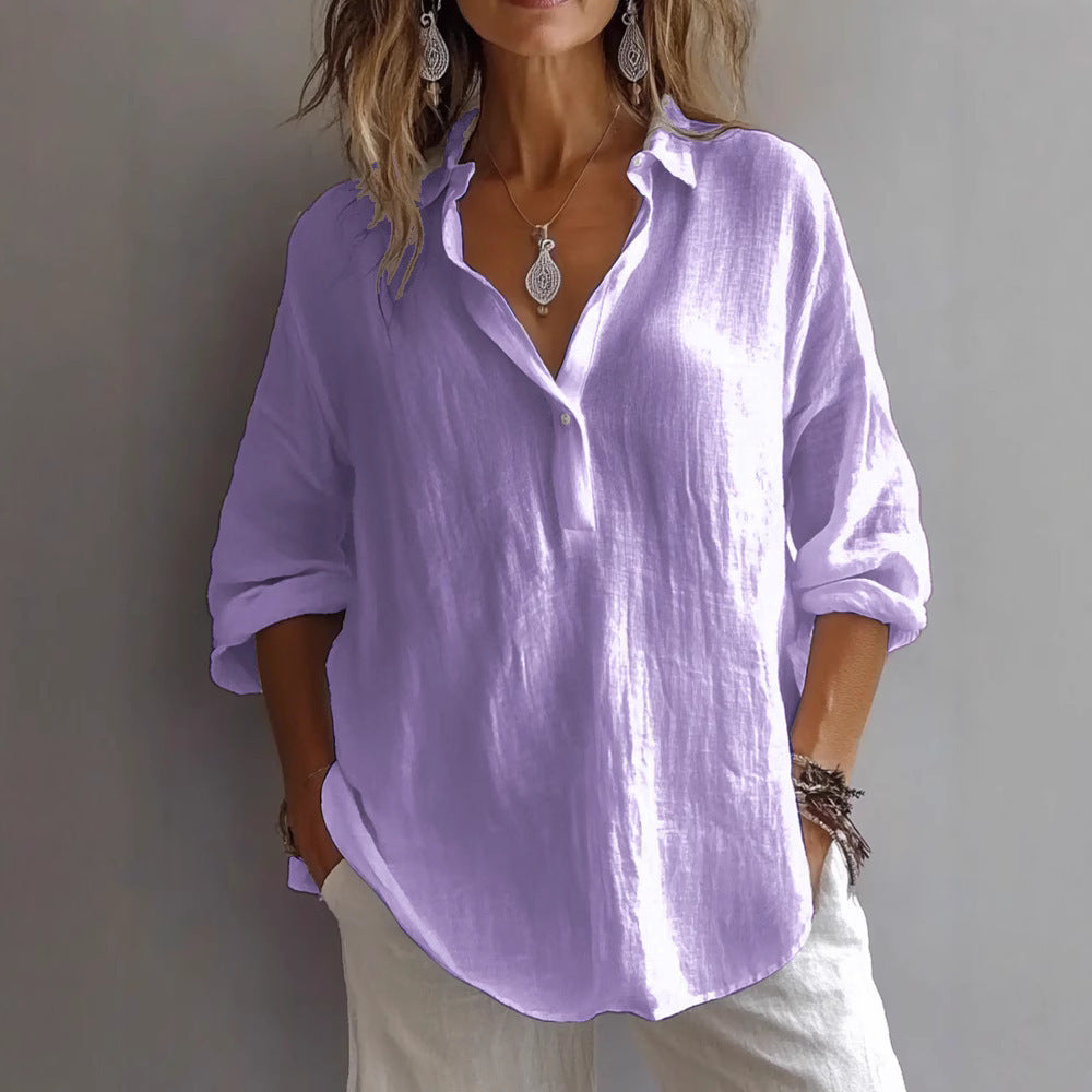Fashion Long-Sleeved Lapel Pullover Shirt – Casual Loose Solid Color T-Shirt for Women