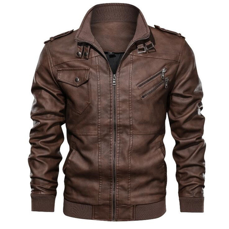Men’s PU Leather Jacket – Hoodless, Plain Design