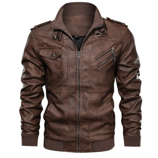 Men’s PU Leather Jacket – Hoodless, Plain Design