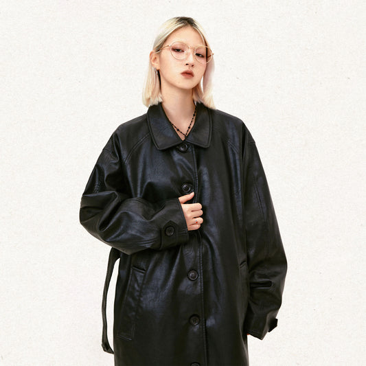 Leather Mid-Length Trench Coat (Unisex)