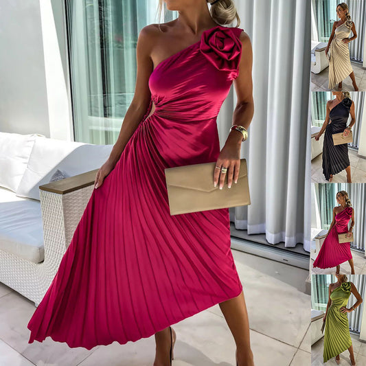 One-Shoulder Pleated Fishtail Dress with Big Rose – Sexy Evening & Party Dress for Women