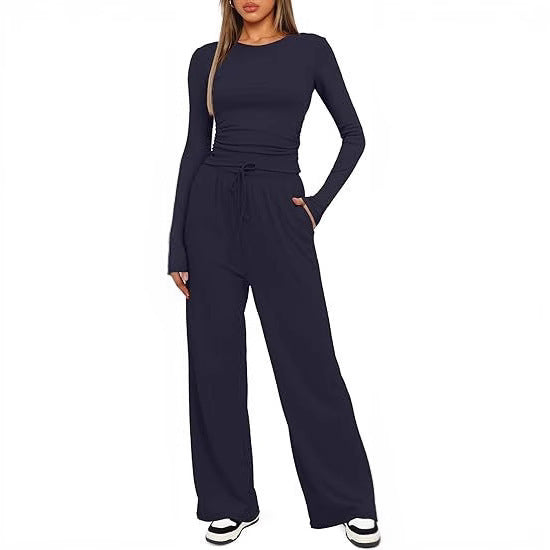 2-Piece Women's Autumn/Winter Suit – Long Sleeve Top & High-Waisted Wide-Leg Pants, Solid Color Casual Sportswear