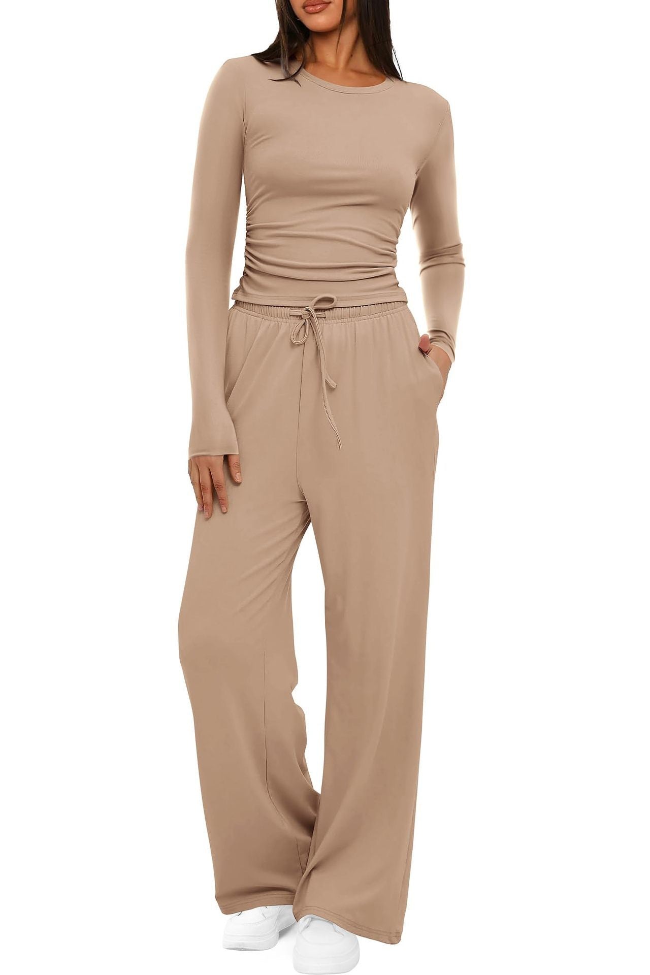 2-Piece Women's Autumn/Winter Suit – Long Sleeve Top & High-Waisted Wide-Leg Pants, Solid Color Casual Sportswear