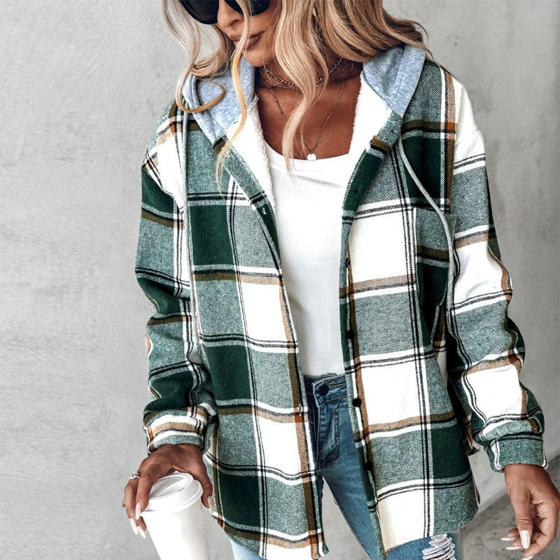 Plaid Hooded Jacket – Fashion Casual Button Pocket Coat for Autumn & Winter