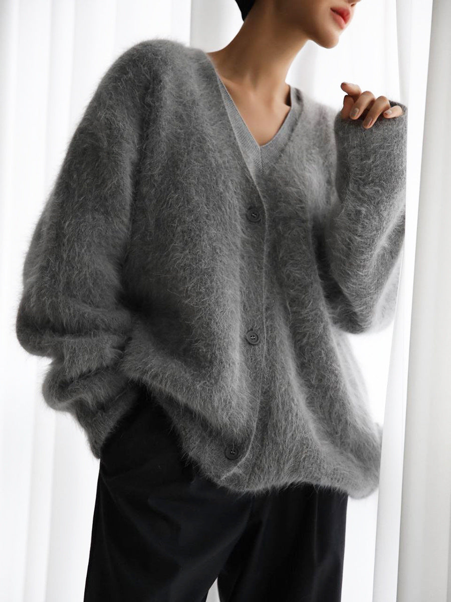 Loose V-Neck Single-Breasted Button Cardigan – Fall Winter Knitted Sweater Top for Women