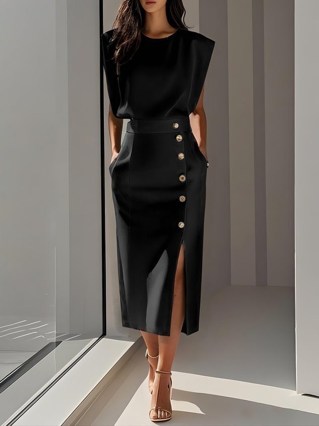 Women’s Sleeveless Button-Front Midi Dress – Casual Summer Split Dress