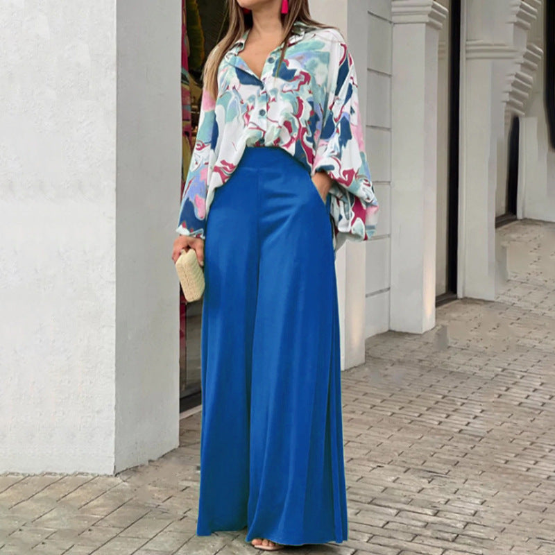 Women's Fashion Printed Shirt & Wide-Leg Pants Set – Casual Two-Piece Outfit